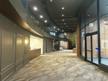A hallway with a carpeted floor and a glass wall on the right side.
